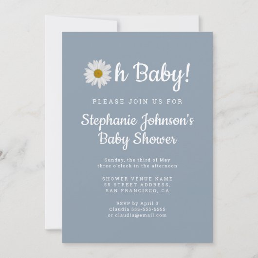Invitation Dusty Blue Bohemian Daisy Oh Baby Baby shower (Devant)