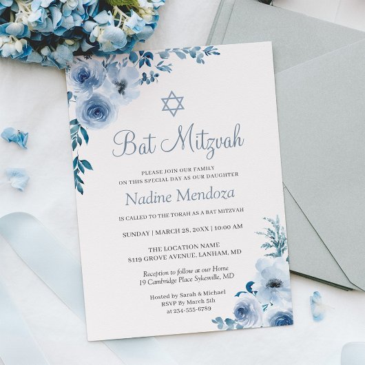 Invitation Dusty Blue Bohemian Floral Bat mitzvah