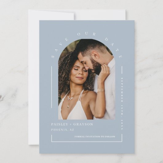 Invitation Dusty Blue Boho Arch Photo QR Code Enregistrer not (Devant)