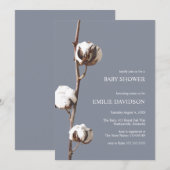 Invitation Dusty Blue Boho Cotton Floral Boy Baby shower (Devant / Derrière)
