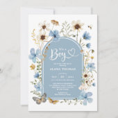 Invitation Dusty Blue Boho Fleur sauvage Baby shower garçon (Devant)