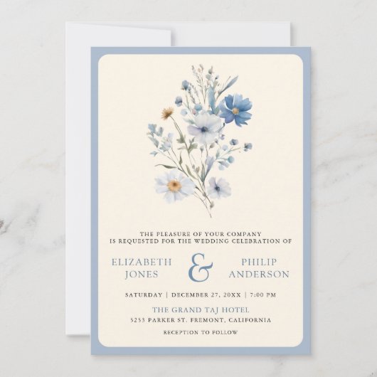 Invitation Dusty Blue Boho Fleur sauvage Photo QR Code Mariag (Devant)