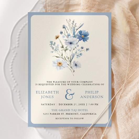 Invitation Dusty Blue Boho Fleur sauvage Photo QR Code Mariag