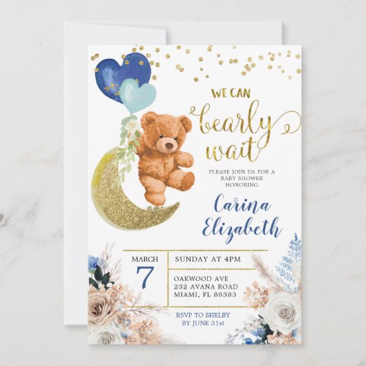 Invitation Dusty Blue Boho Floral Bearly Wait Baby shower (Devant)