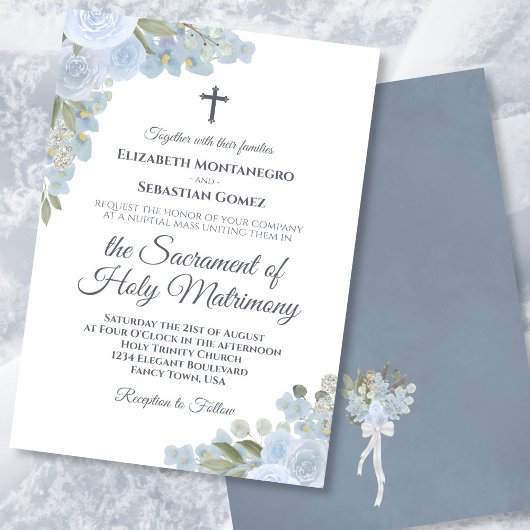 Invitation Dusty Blue Boho Floral Moderne Mariage catholique