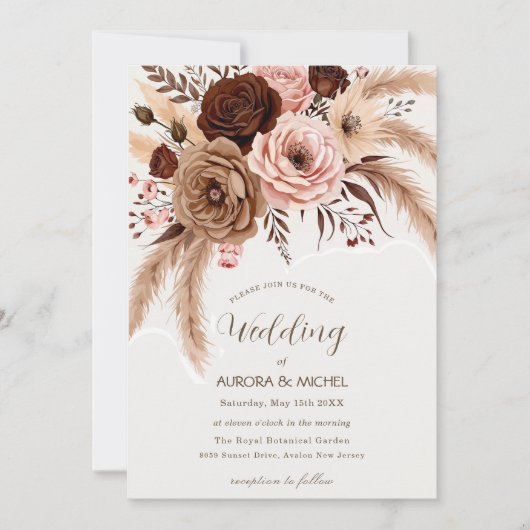 Invitation Dusty Blue Boho Floral Pampas Grass Mariage (Devant)