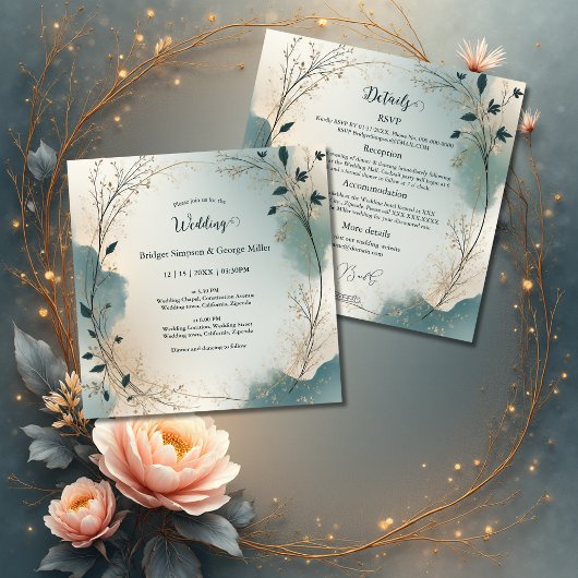 Invitation Dusty Blue Boho foliage wreath all in one wedding
