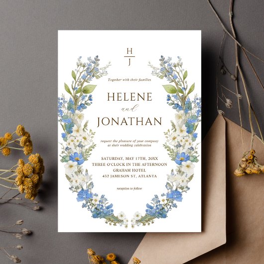 Invitation Dusty Blue Boho Garden Floral Mariage élégant