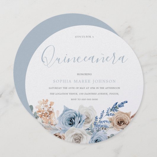 Invitation Dusty Blue Boho Pear Shimmer Quinceanera Party (Devant / Derrière)