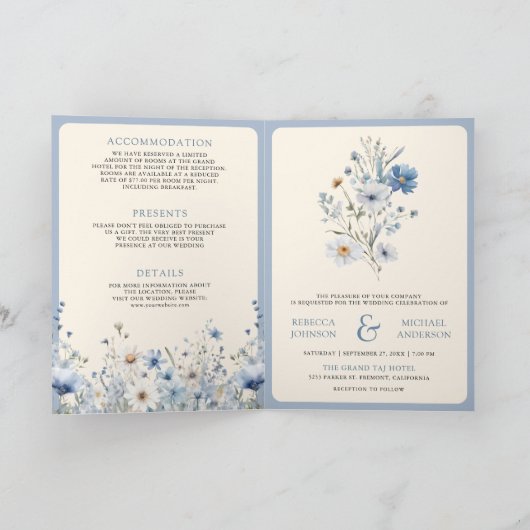 Invitation Dusty Blue Boho Wildflower QR Code Wedding (Intérieur)