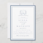 Invitation Dusty blue botanical crest monogram wedding (Devant)