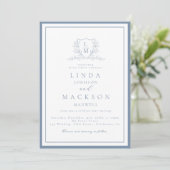 Invitation Dusty blue botanical crest monogram wedding (Debout devant)