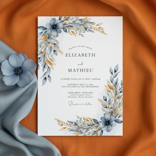 Invitation Dusty Blue Botanical Flourish Wedding