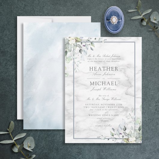 Invitation Dusty Blue Botanical Greenery Marbre blanc Mariage