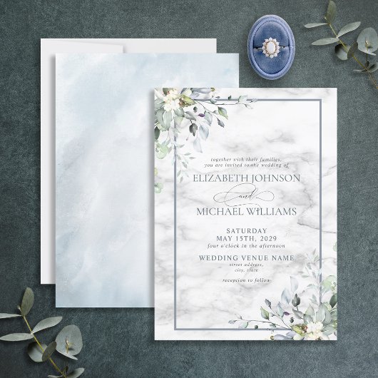 Invitation Dusty Blue Botanical Greenery Marbre blanc Mariage
