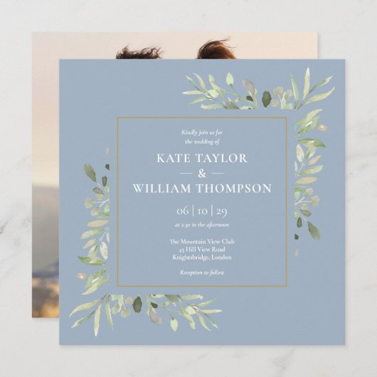 Invitation Dusty Blue Botanical Greenery Mariage photo (Devant / Derrière)