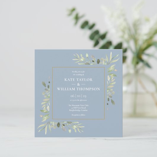 Invitation Dusty Blue Botanical Greenery Mariage photo (Debout devant)