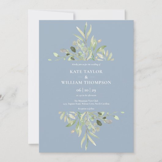 Invitation Dusty Blue Botanical Greenery Photo Mariage Invita (Devant)