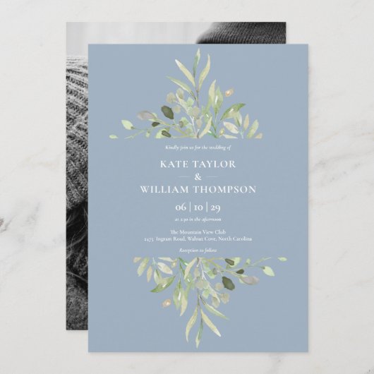 Invitation Dusty Blue Botanical Greenery Photo Mariage Invita (Devant / Derrière)