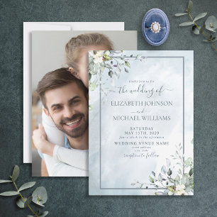 Invitation Dusty Blue Botanical Greenery Watercolor Photo