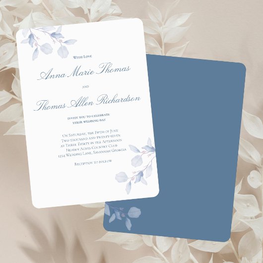 Invitation Dusty Blue Botanical Modern Script Wedding Invite