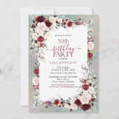Invitation Dusty Blue Bourgogne Blush Floral 50e anniversaire (Devant)