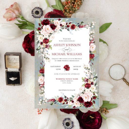 Invitation Dusty Blue Bourgogne Blush Floral Mariage
