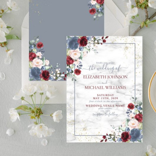 Invitation Dusty Blue Bourgogne Blush Gold FlorMariage