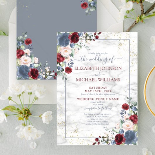 Invitation Dusty Blue Bourgogne Blush Gold FlorMariage