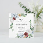Invitation Dusty Blue Bourgogne Floral 90e fête d'anniversair (Debout devant)