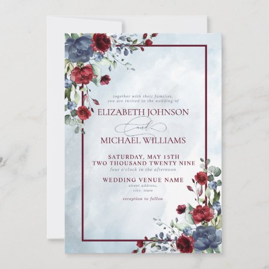 Invitation Dusty Blue Bourgogne Floral Aquarelle Script Invit (Devant)