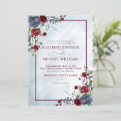 Invitation Dusty Blue Bourgogne Floral Aquarelle Script Invit (Debout devant)