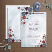 Invitation Dusty Blue Bourgogne Floral Aquarelle Script Invit
