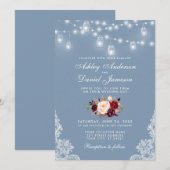 Invitation Dusty Blue Bourgogne Floral Mariage Lights (Devant / Derrière)