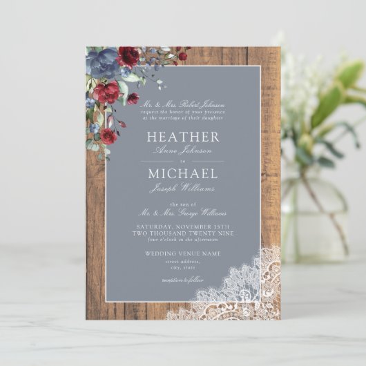 Invitation Dusty Blue Bourgogne Wood Lace Script Mariage Invi (Debout devant)