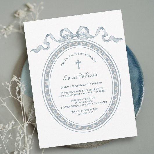 Invitation Dusty Blue Bow Cadre grec Baptême