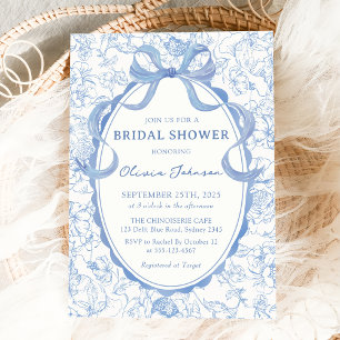 Invitation Dusty Blue Bow Chinoiserie Florale Fête des mariée