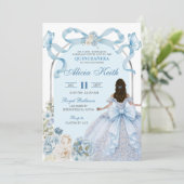 Invitation Dusty Blue Bow Coquette Butterfly Silver Quinceane (Debout devant)