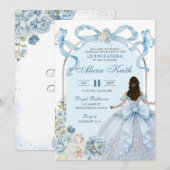 Invitation Dusty Blue Bow Coquette Butterfly Silver Quinceane (Devant / Derrière)