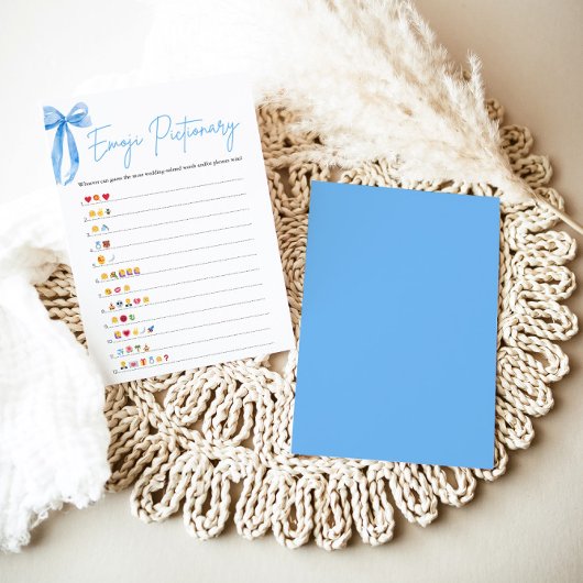 Invitation Dusty Blue Bow Fête des mariées Emoji Pictionary J