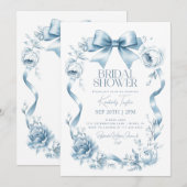 Invitation Dusty Blue Bow ruban Fête des mariées de fleurs fl (Devant / Derrière)