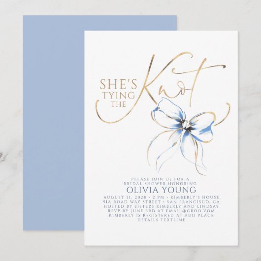 Invitation Dusty Blue Bow She's Tying The Knot Bridal Shower (Devant / Derrière)
