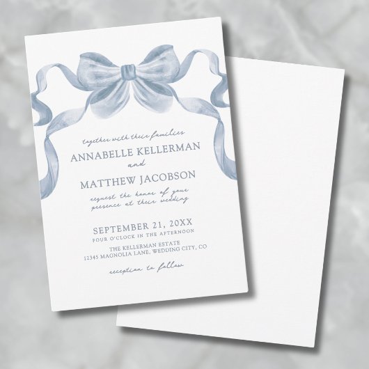Invitation Dusty Blue Bow Whimsical Elegant Wedding Invitatio