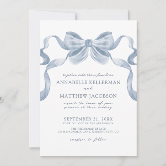 Invitation Dusty Blue Bow Whimsical Elegant Wedding Invitatio (Devant)