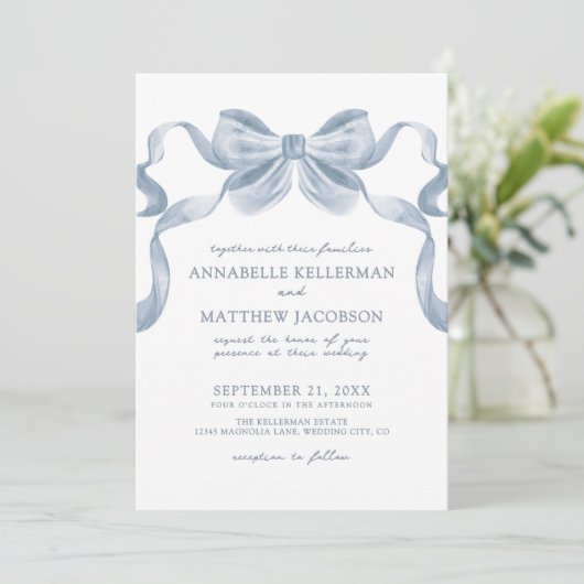 Invitation Dusty Blue Bow Whimsical Elegant Wedding Invitatio (Debout devant)