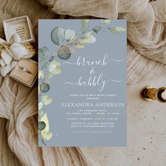 Invitation Dusty Blue Brunch & Bubbly QR Code Eucalyptus