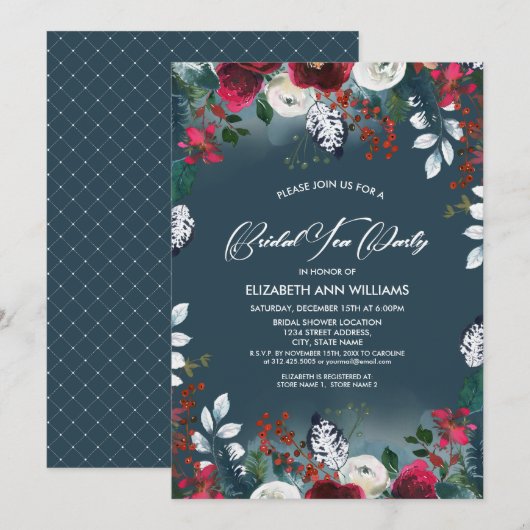 Invitation Dusty Blue | Burgundy Red Bloom Bridal Tea Party (Devant / Derrière)