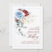 Invitation Dusty Blue & Burgundy Red Boho Floral Mariage (Devant)