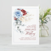 Invitation Dusty Blue & Burgundy Red Boho Floral Mariage (Debout devant)