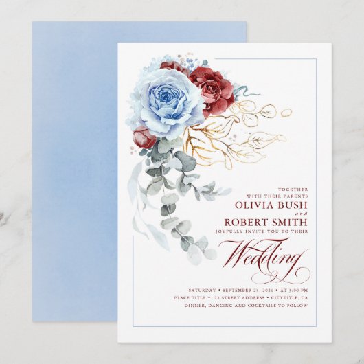 Invitation Dusty Blue & Burgundy Red Boho Floral Mariage (Devant / Derrière)